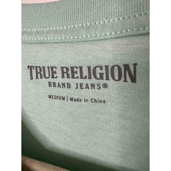 True Religion T-Shirt Size Medium Light Green Short Sleeve Leaves Graphic Logo - Picture 2 of 8